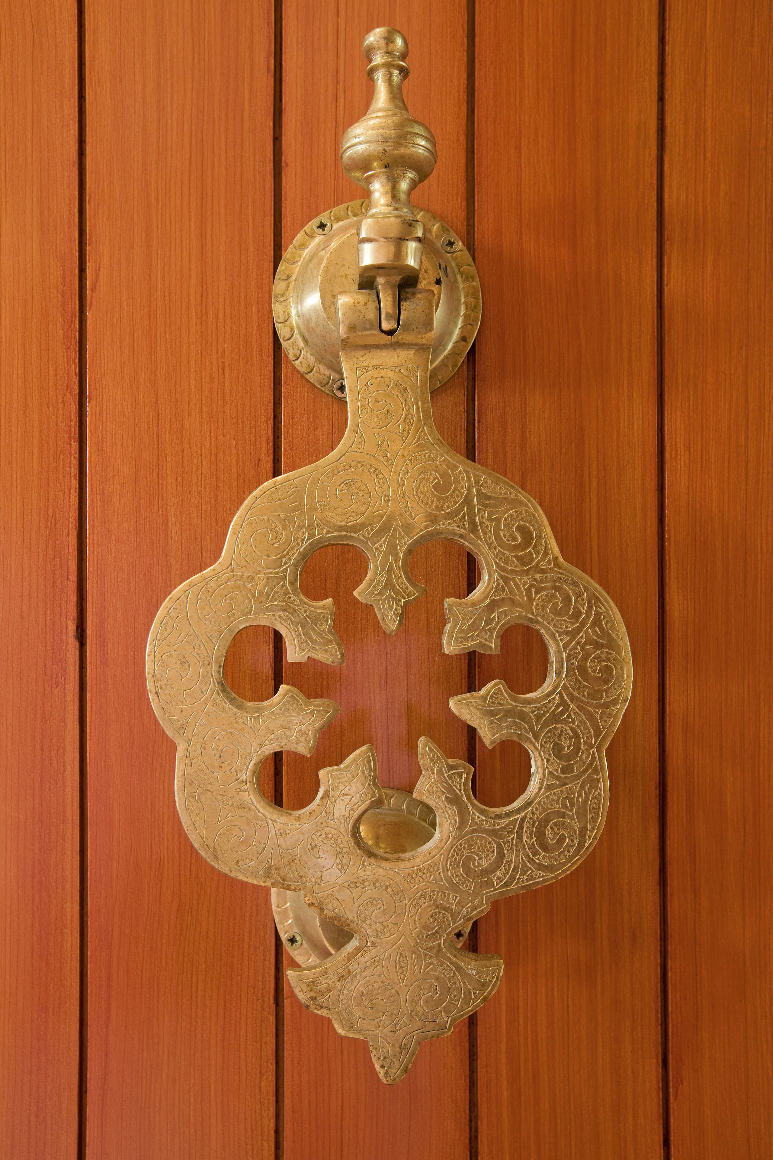 A brass door knocker with intricate designs.