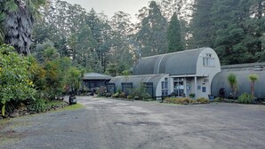 Um edifício amplo com telhado curvo, cercado por vegetação exuberante e árvores.