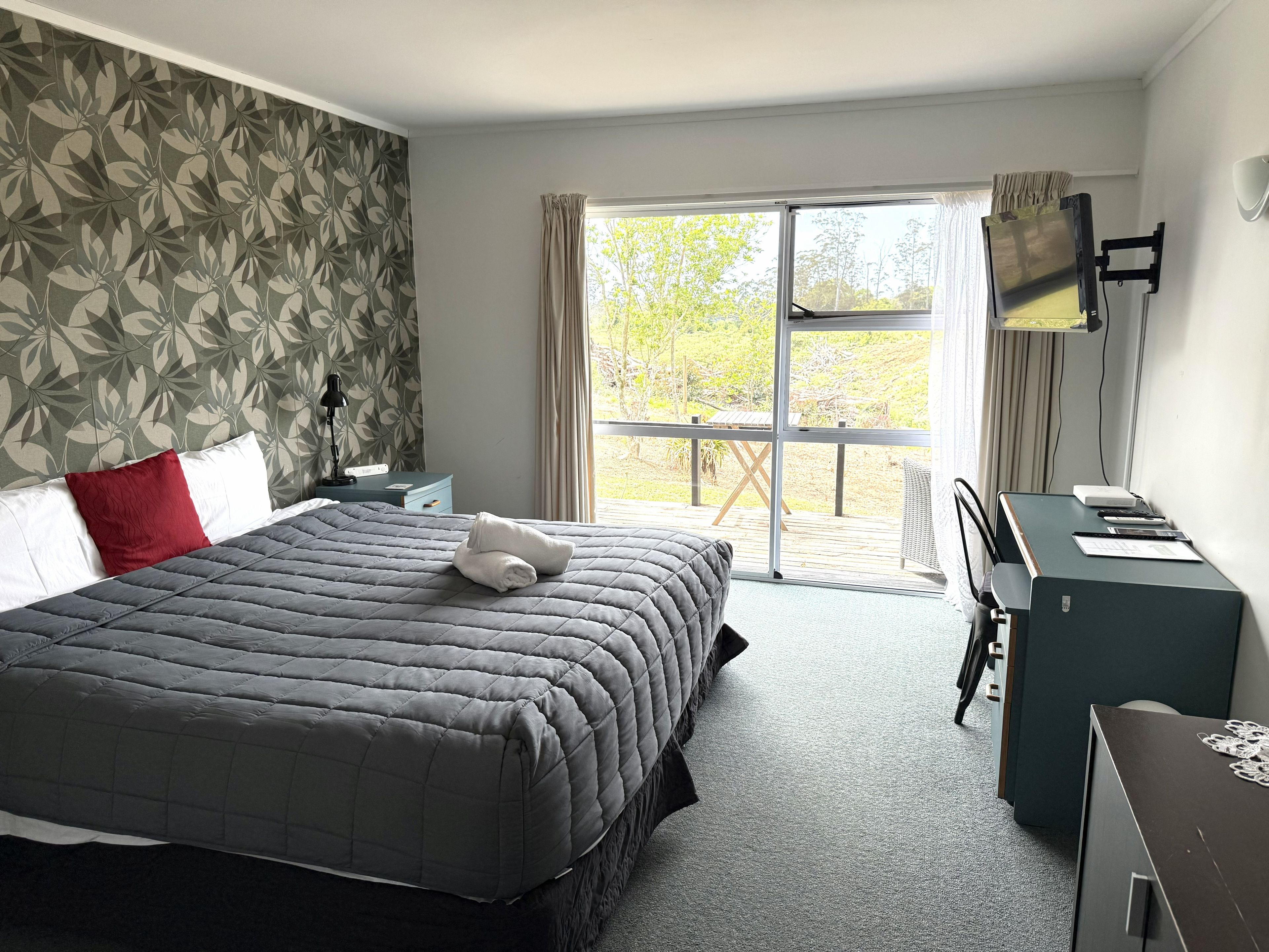 A hotel room with a large bed, a desk, a television, and a view of the outdoors.