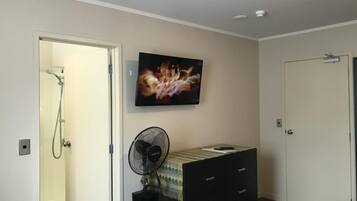 A bathroom with a shower, a mounted TV, a fan, and a dresser.