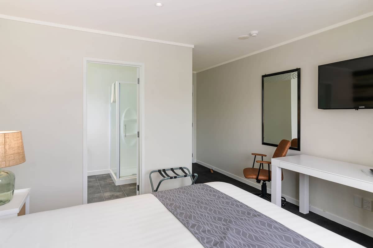 A hotel room with a bed, a desk, a chair, a television, and a shower area.