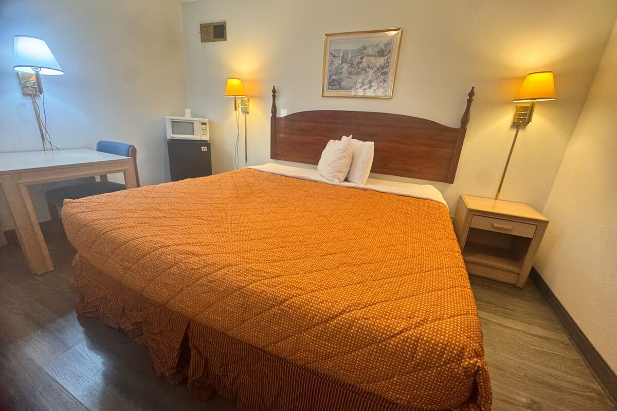 A hotel room with a large bed, a desk, a chair, a television, and two bedside lamps.