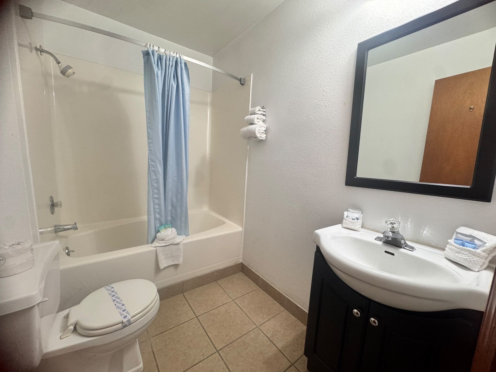 A bathroom with a shower, toilet, sink, and a mirror.