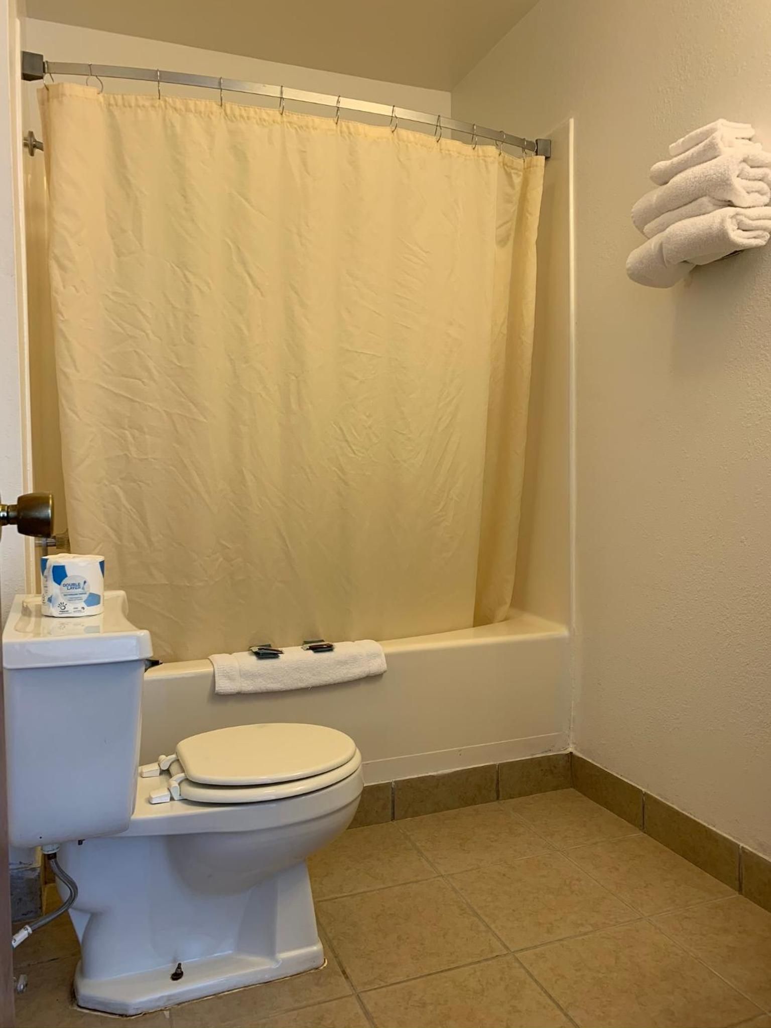 A bathroom with a toilet, a bathtub, and a shower curtain.