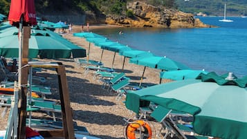 Sulla spiaggia, sabbia bianca, lettini da mare, ombrelloni
