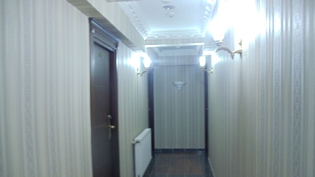 A narrow hallway with patterned walls, a radiator, and a door at the end. - Ares Hotel Sultanahmet (Istanbul)