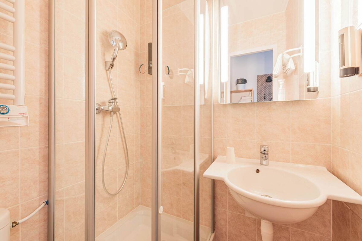 shower, free toiletries, hair dryer, towels