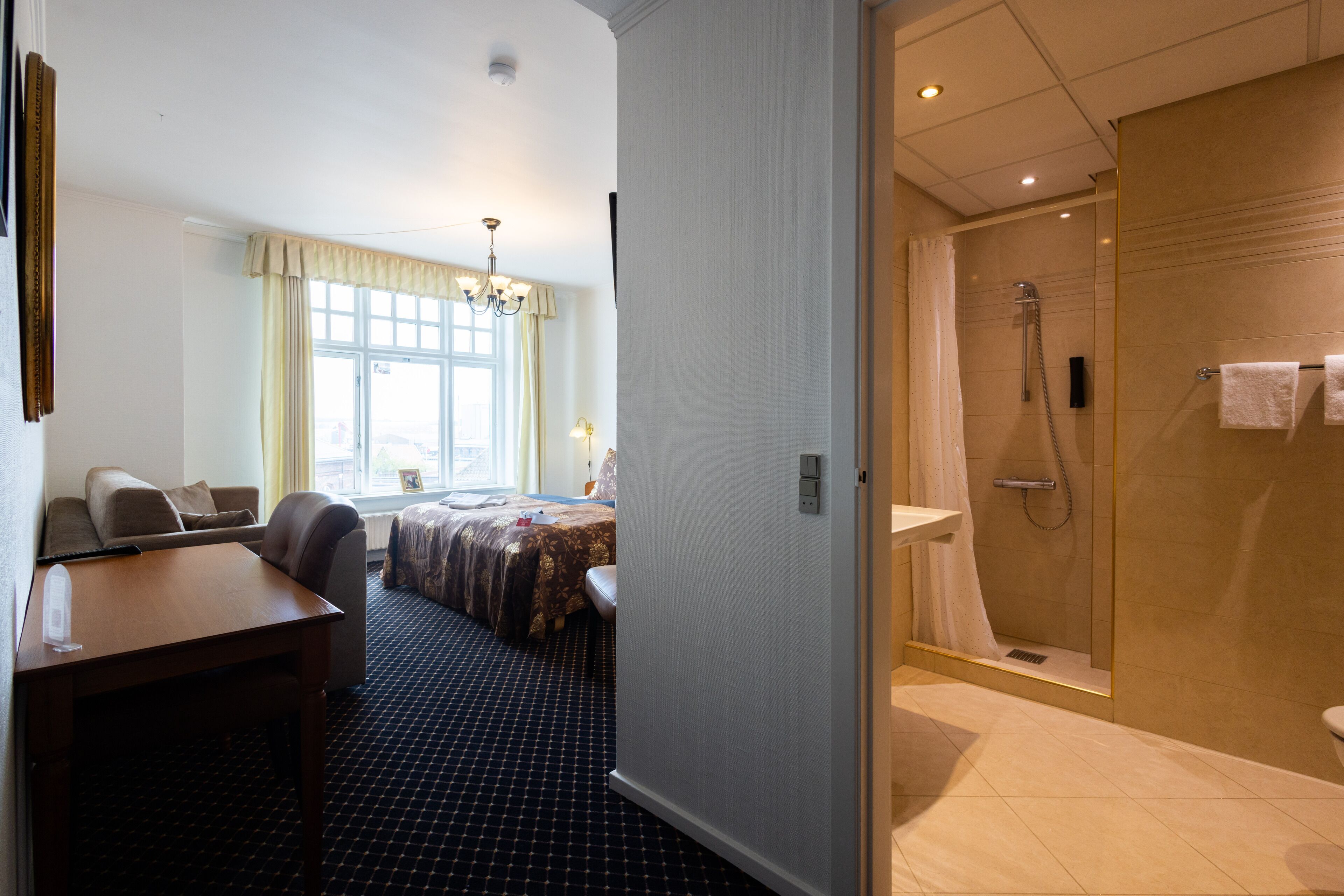 A hotel room with a bed, a desk, a shower area, and a view of the outdoors.