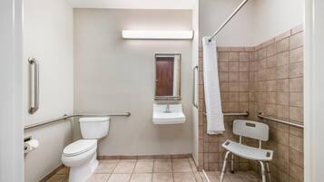 Un baño con inodoro, lavabo y zona de ducha.