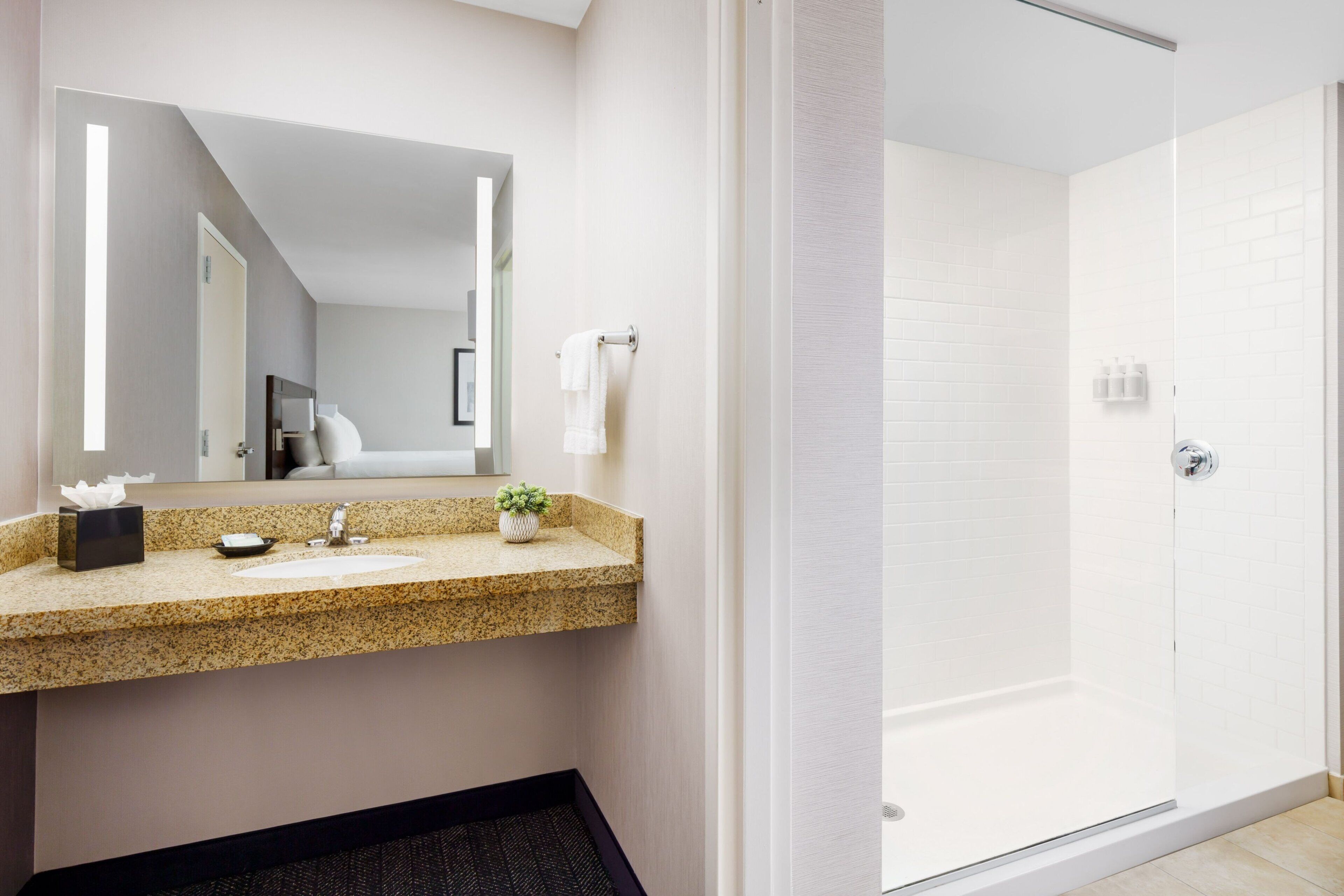 combined shower/bathtub, free toiletries, hair dryer, towels