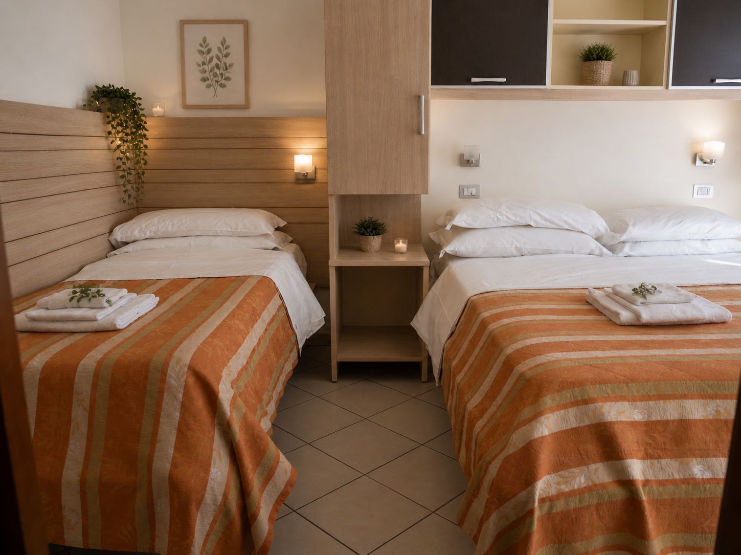 A hotel room with two beds, each with striped bedding and a plant on the nightstand.