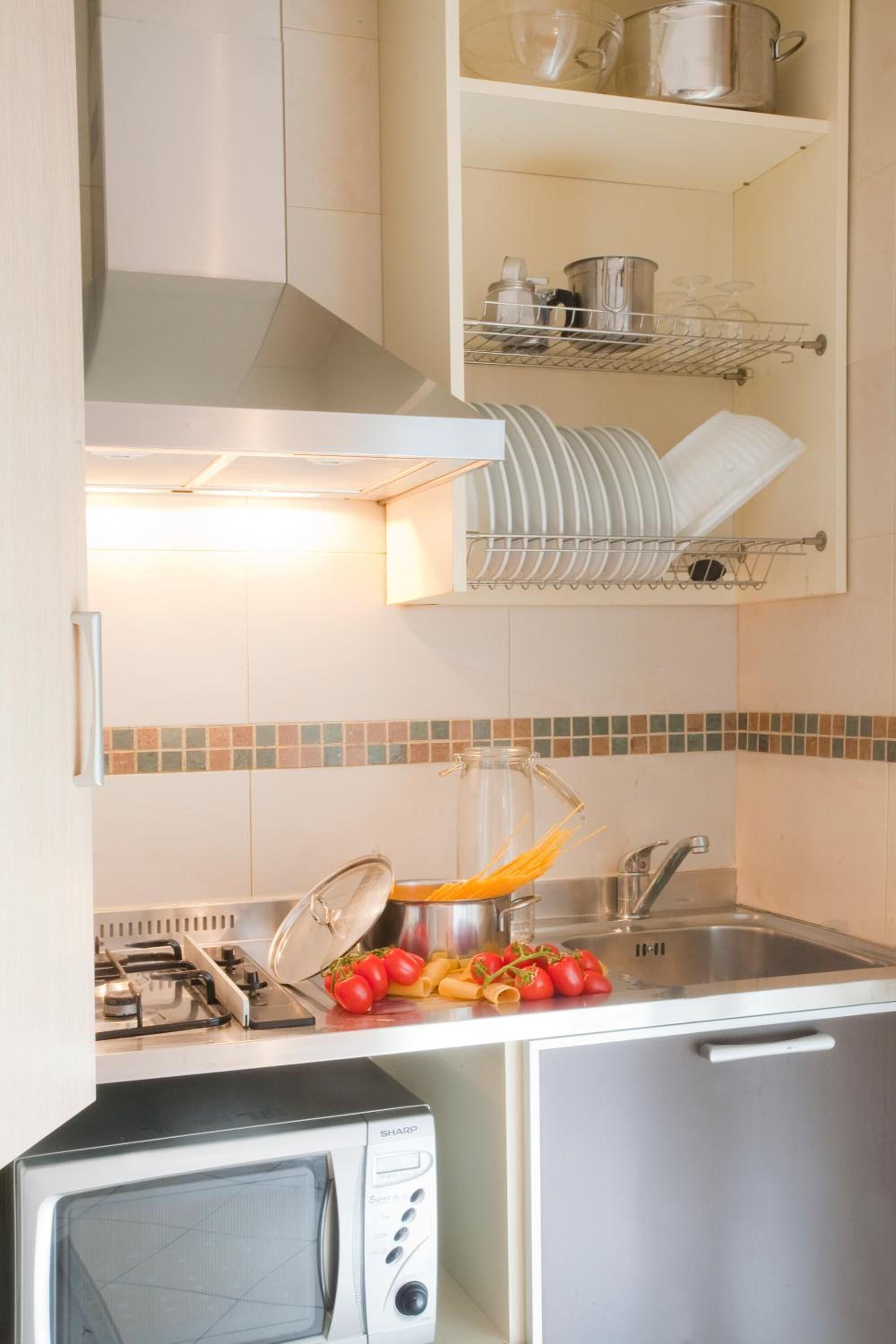 Großer Kühlschrank, Mikrowelle, Herdplatte