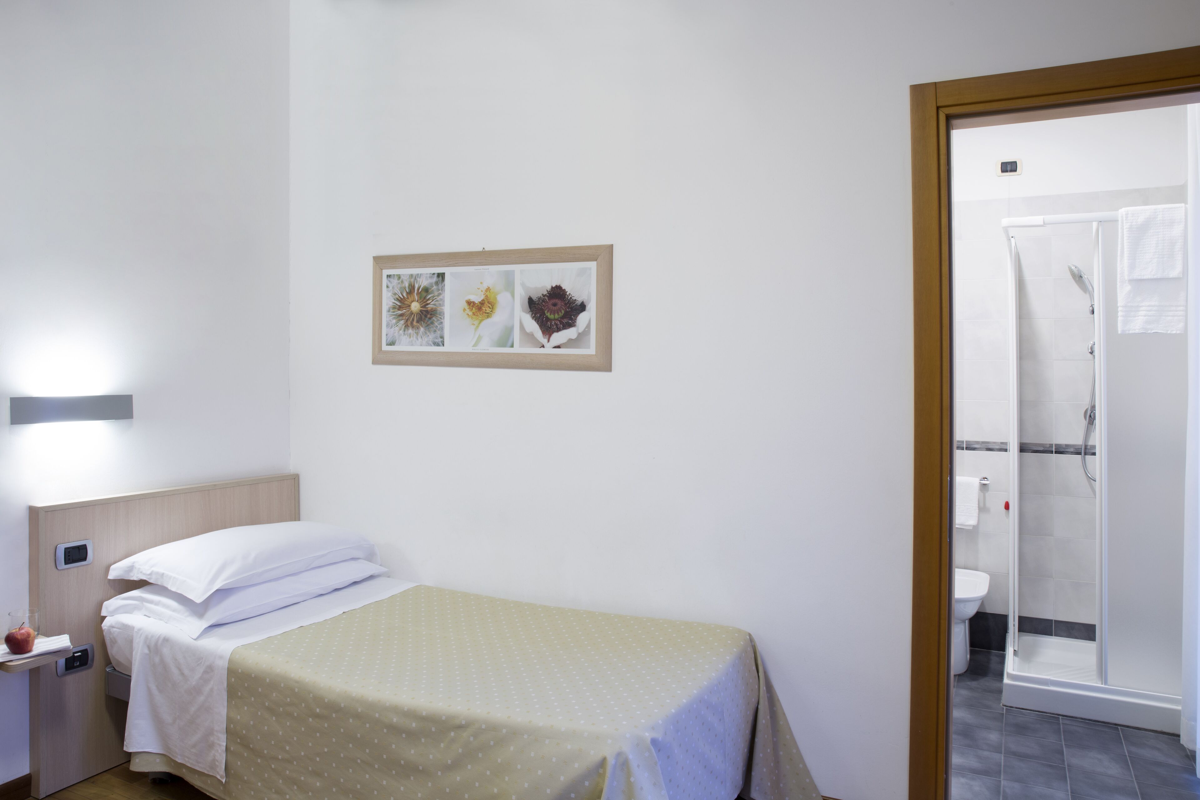 A hotel room with a bed, a nightstand, a framed picture on the wall, and a shower area.