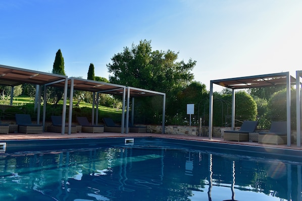 Outdoor pool, pool umbrellas, pool loungers