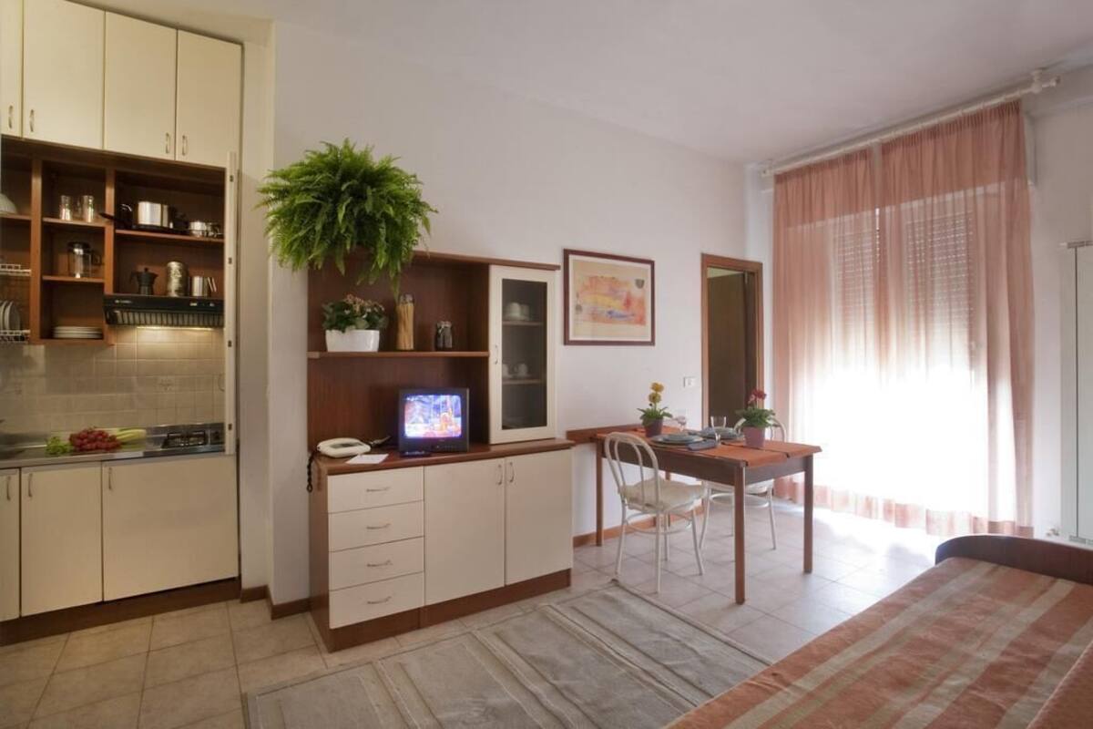 A compact kitchen with cabinets, a dining area with a table and chairs, a potted plant, and a television.