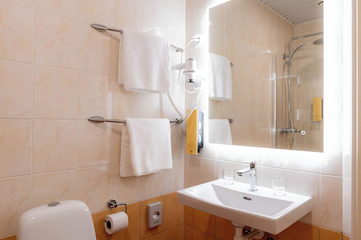 superior double or twin room | bathroom | separate bathtub and shower, hair dryer, towels