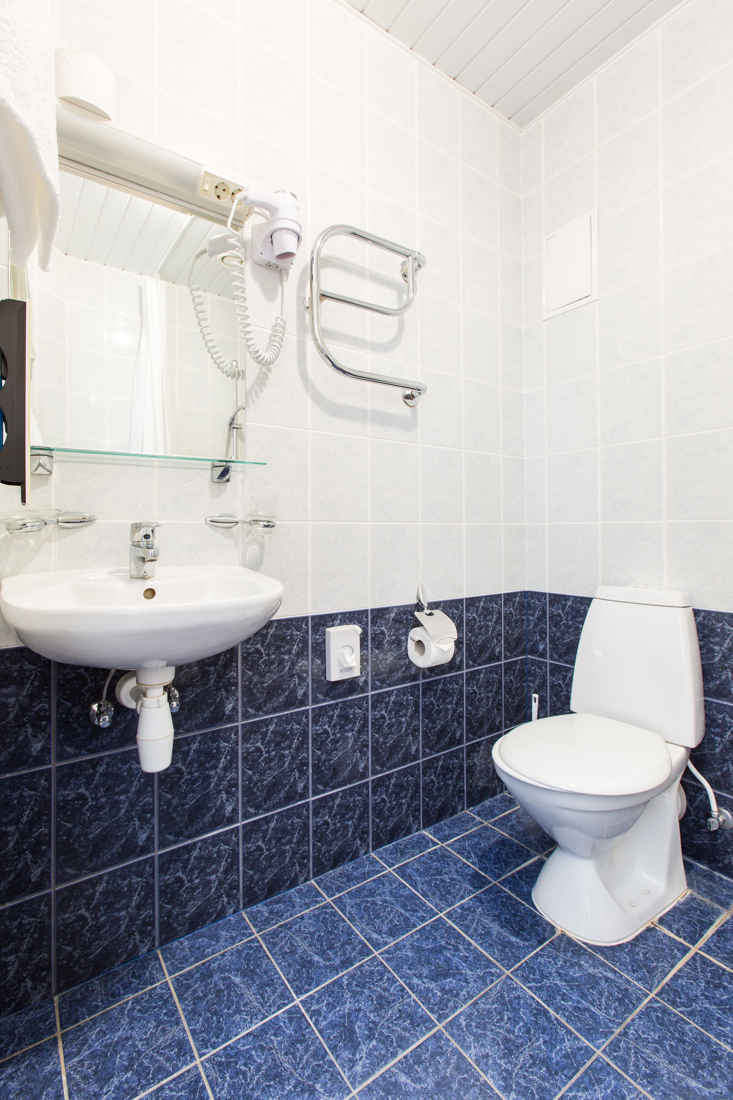A bathroom with a white sink, a toilet, and a glass shelf.
