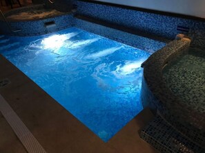A swimming pool with a blue mosaic tile design and a separate hot tub area. - Hotel Argentina (Atlantida)