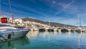 A marina with multiple yachts docked.