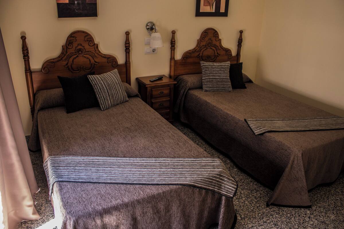 Two single beds with wooden headboards, a nightstand with a lamp, and a framed picture on the wall.