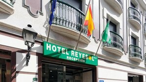 A hotel entrance with a reception area, a sign indicating the hotel name, and flags. - Hotel Reyesol (Fuengirola)