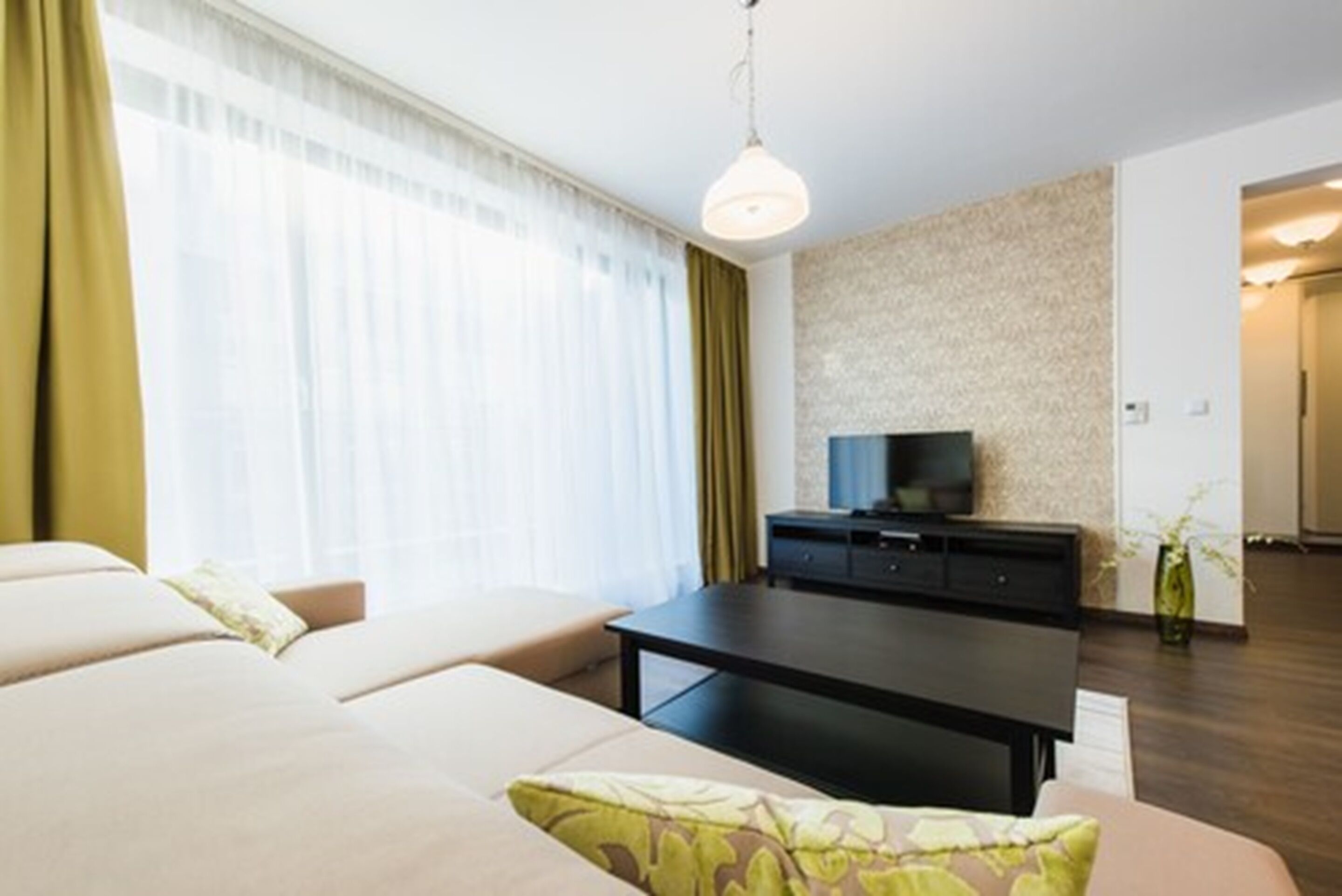 A modern living room with a sofa, a coffee table, and a TV.
