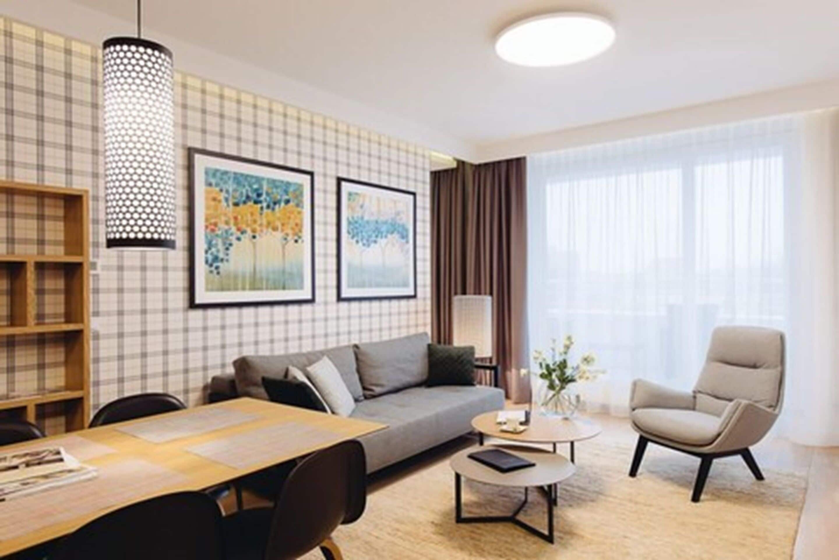 Una sala de estar moderna con un sofá, una mesa de comedor y una mesa de centro. Hay obras de arte enmarcadas en la pared y una lámpara colgante.