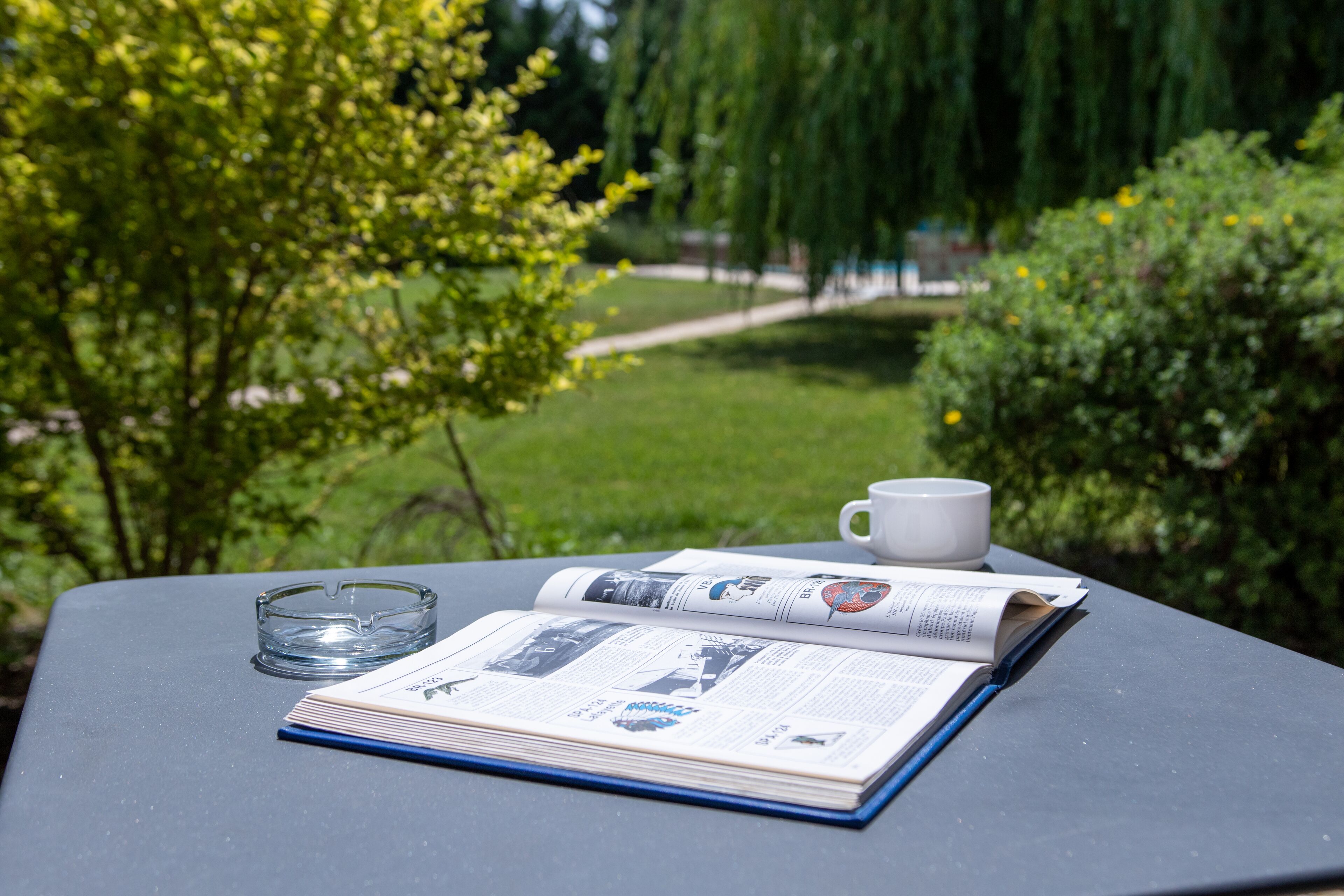 Una mesa con un libro, un vaso y una taza, al aire libre con follaje de fondo.