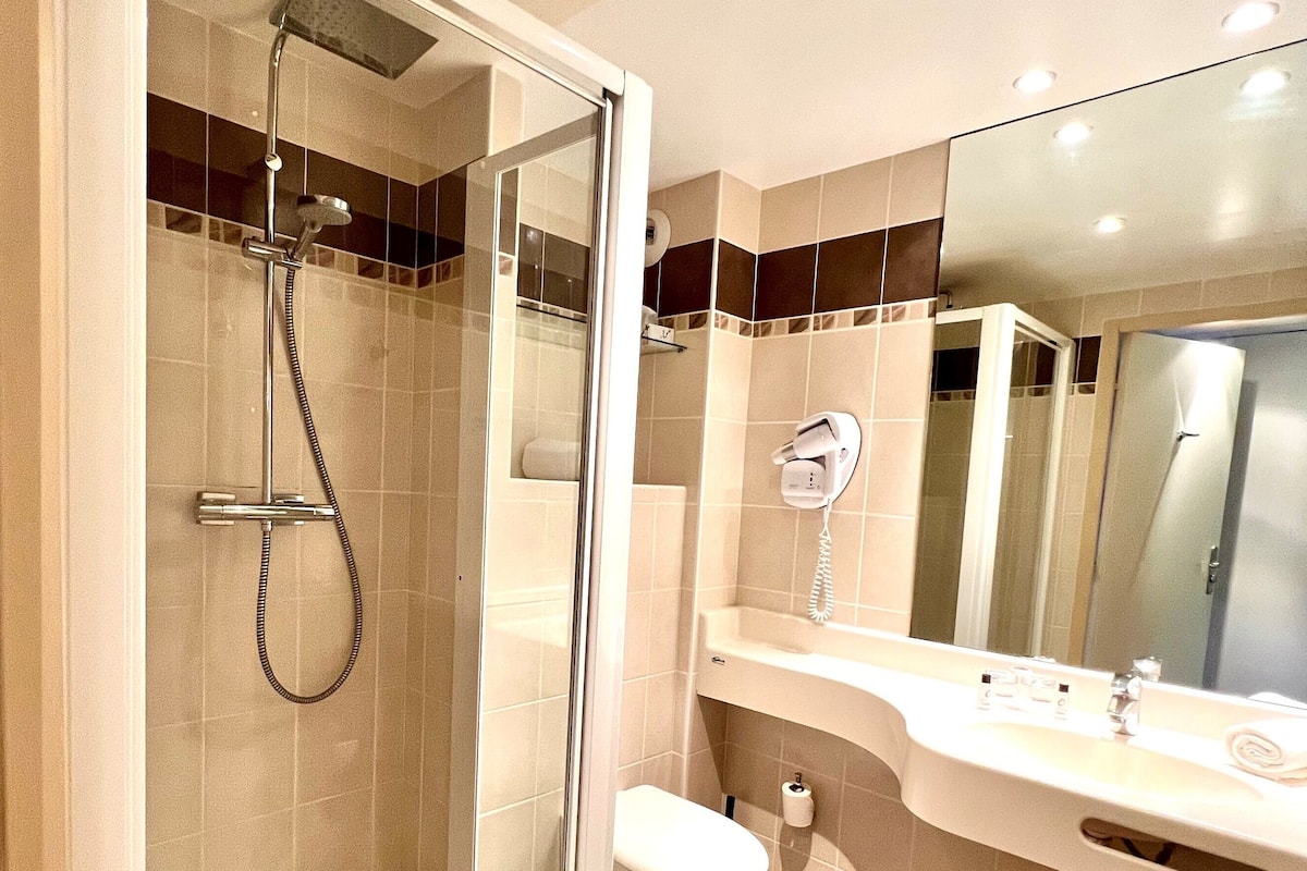 shower, free toiletries, hair dryer, towels