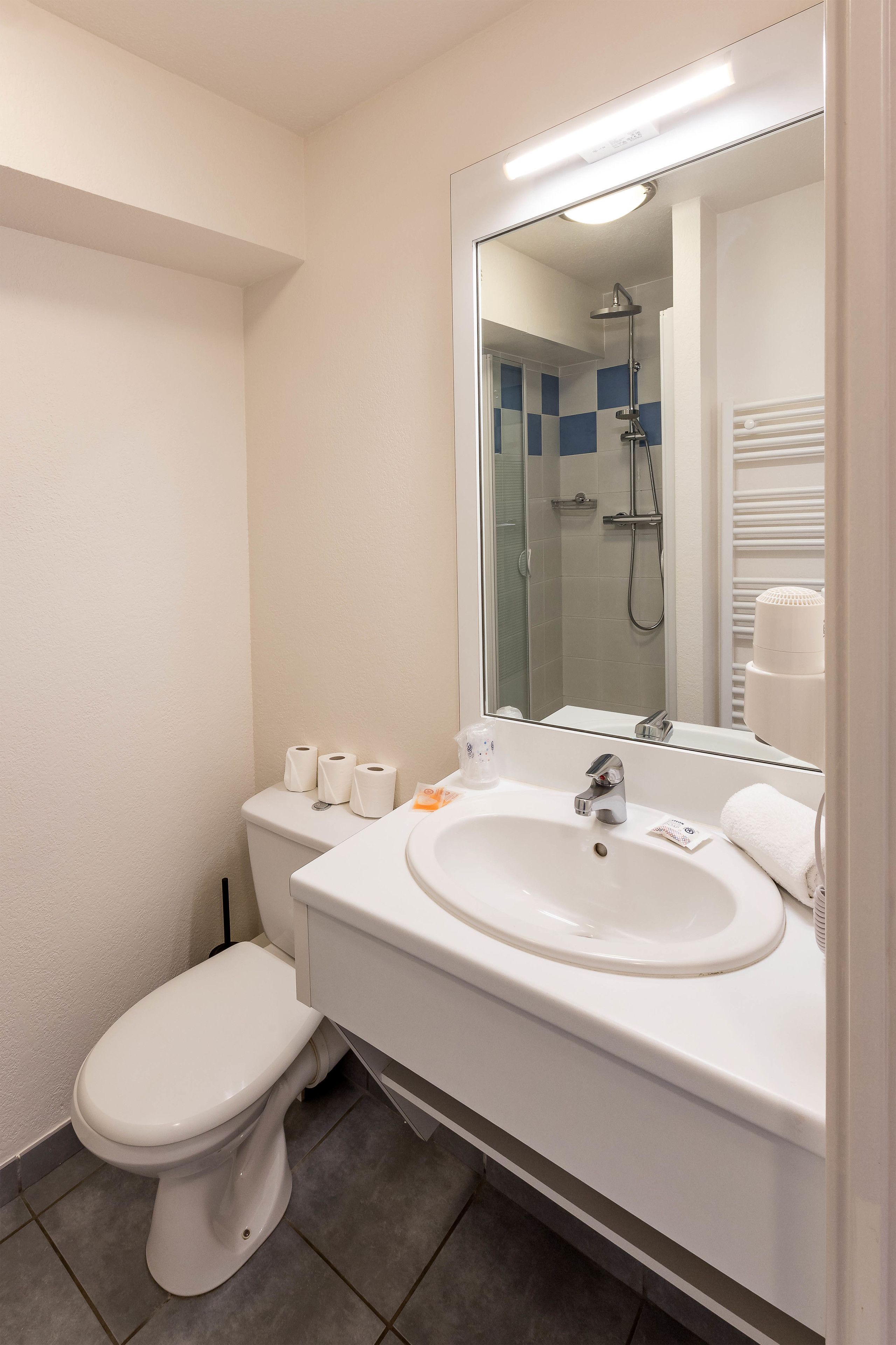 Une salle de bain avec des toilettes, un lavabo et une douche.