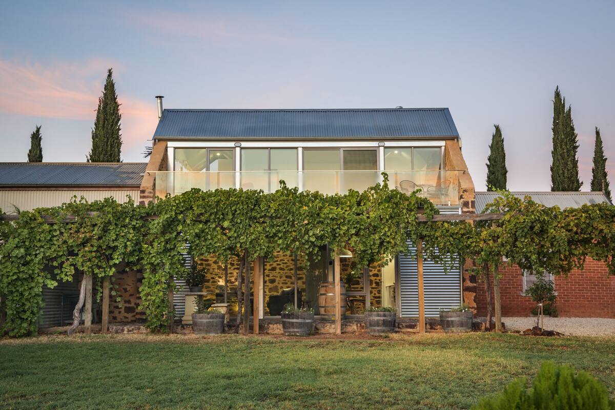 A modern building with large windows, a stone facade, and a vineyard in the foreground.
