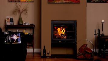 A cozy living room with a fireplace, a bookshelf, and a decorative vase.
