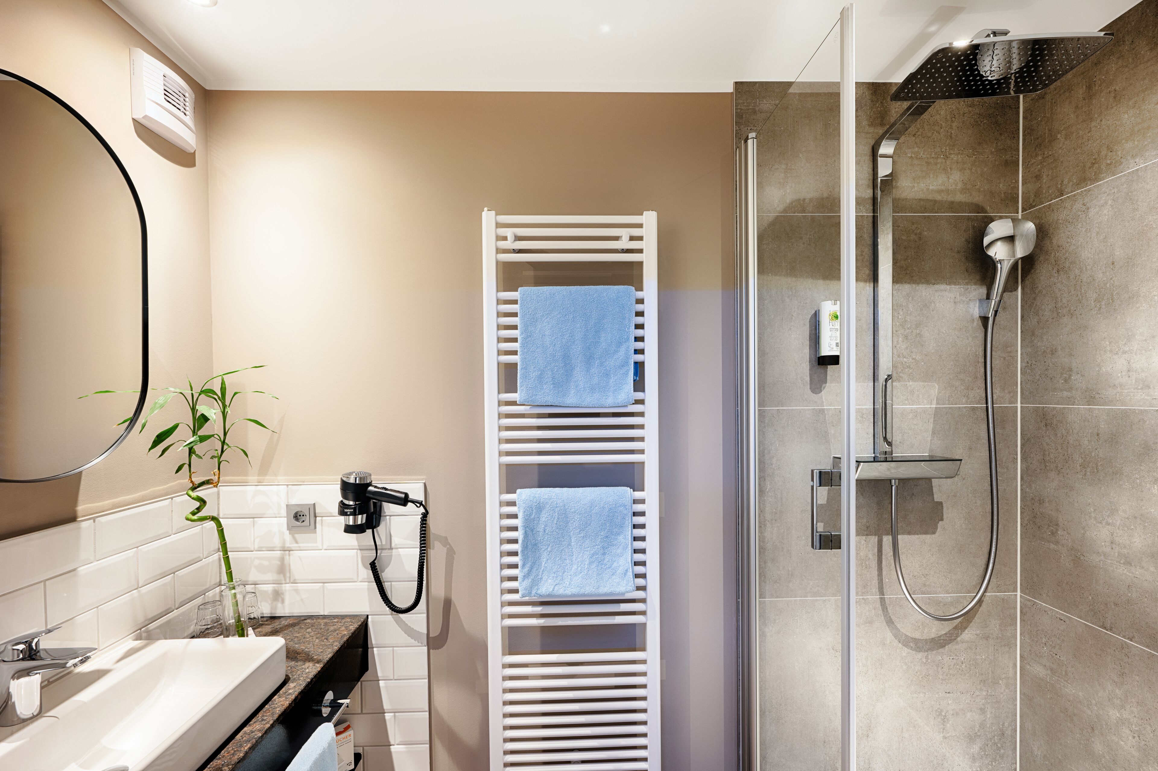 A modern bathroom with a shower, a towel rack, a hairdryer, and a plant.