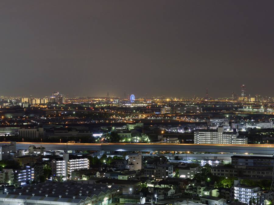 Un paisaje urbano nocturno con edificios iluminados, una noria y un puente.