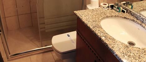 A hotel bathroom with a glass-enclosed shower, a sink with a granite countertop, and a mirror above the sink.