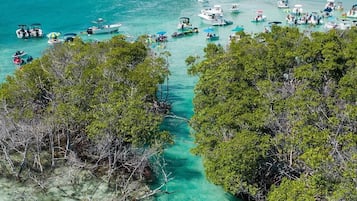 Eine Küstenlandschaft mit klarem, türkisblauem Wasser, umgeben von dichten Mangrovenwäldern. Boote liegen im Wasser vor Anker, und einige sind in der Nähe des Ufers vertäut.