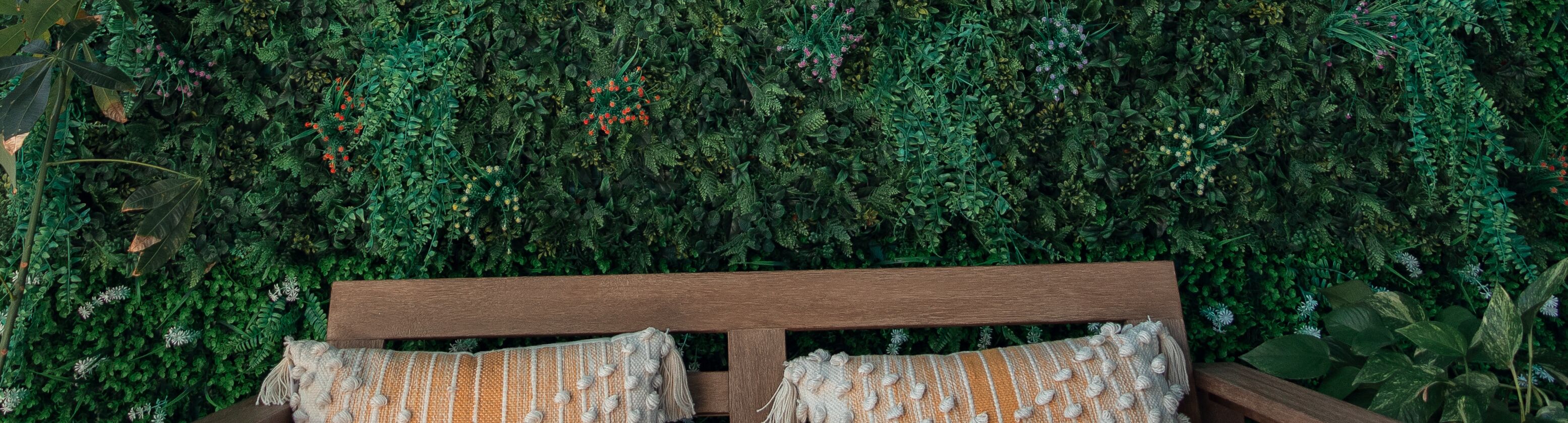 A wooden bench with two pillows against a wall of dense green foliage.