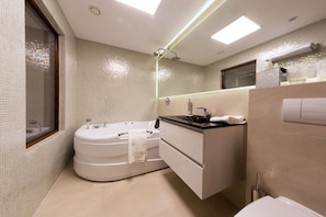 Suite | Bathroom | Shower, free toiletries, hair dryer, towels