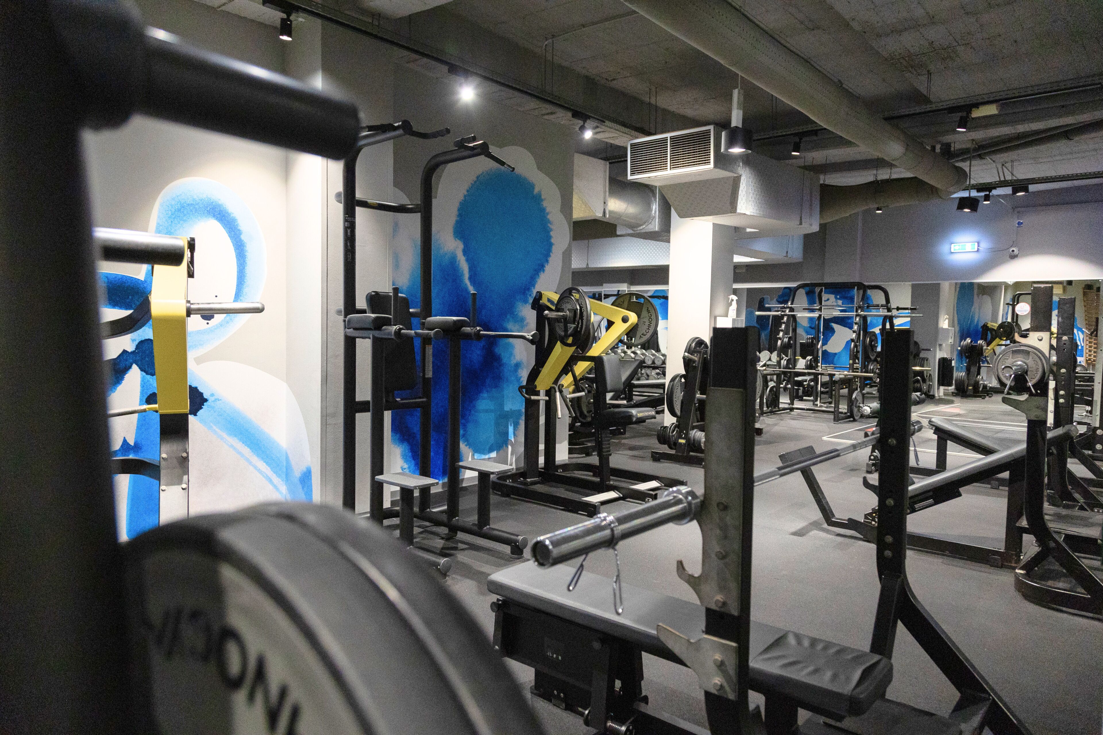 Un gimnasio con equipo de ejercicio diverso y una pared con un diseño abstracto azul.