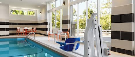 Indoor pool, open 9:00 AM to 10:00 PM, sun loungers
