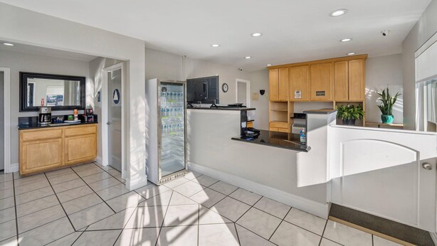 A modern kitchen with a refrigerator, microwave, and sink. There is a wooden cabinet and a countertop with a plant. - Rodeway Inn Stockton Highway 99 (Stockton)