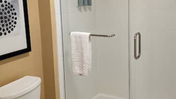 A bathroom with a toilet, a glass shower enclosure, and a framed picture on the wall.