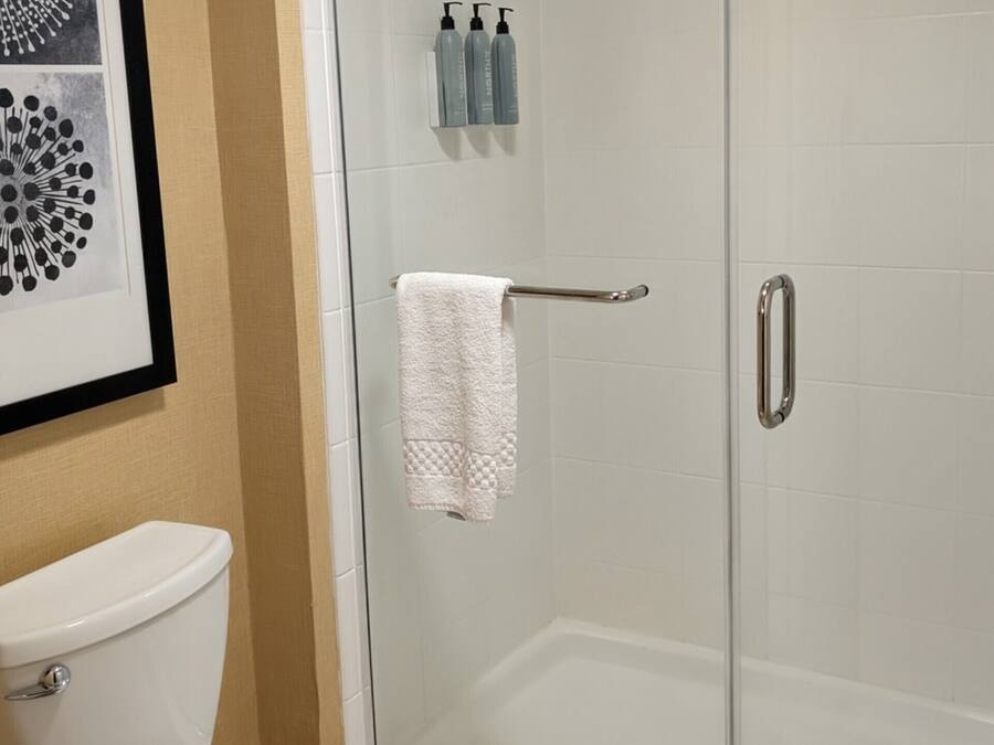 A bathroom with a toilet, a glass shower enclosure, and a framed picture on the wall.