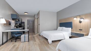 Desk, laptop workspace, blackout curtains, iron/ironing board