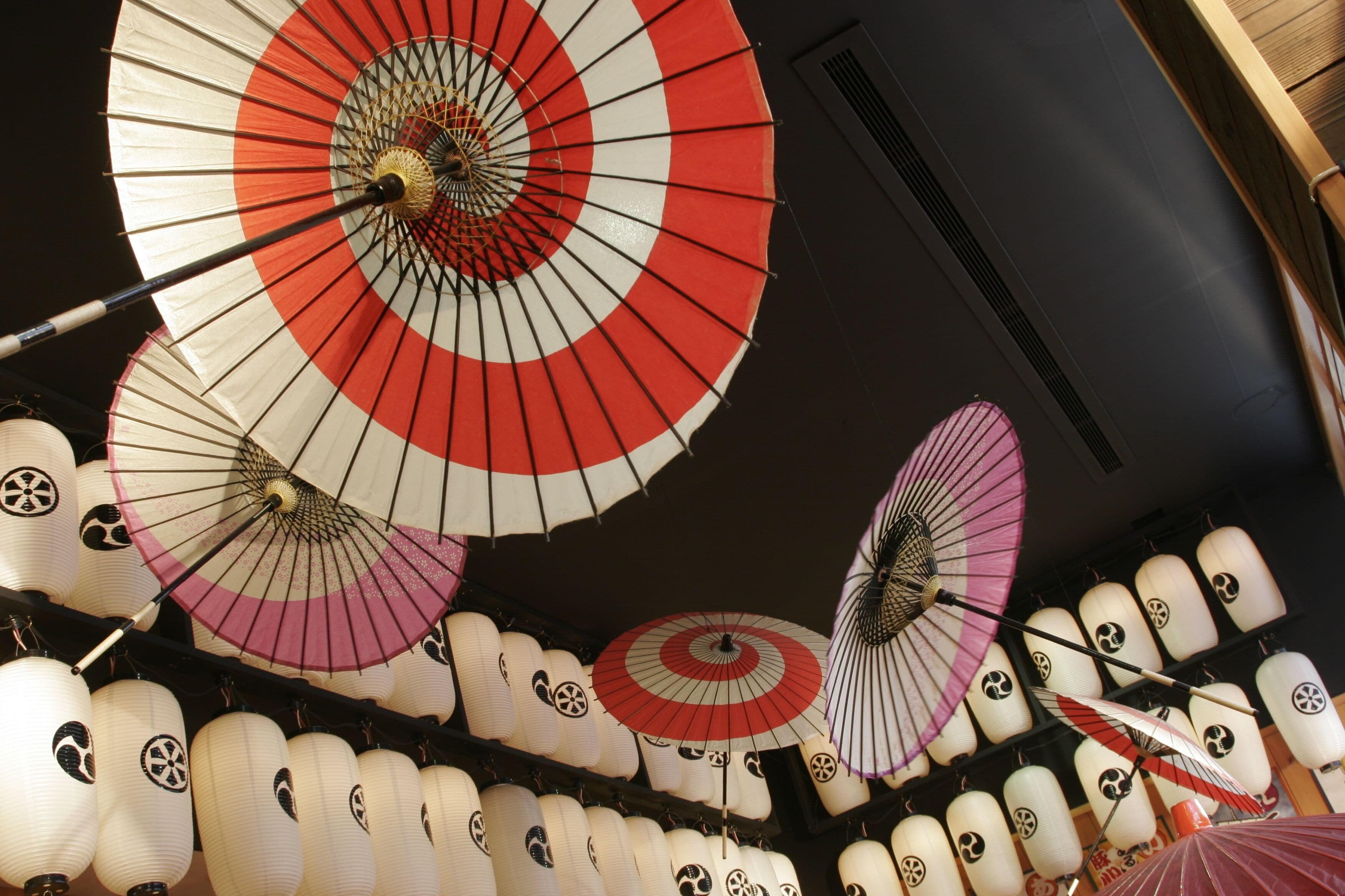 A collection of traditional Japanese umbrellas and lanterns.