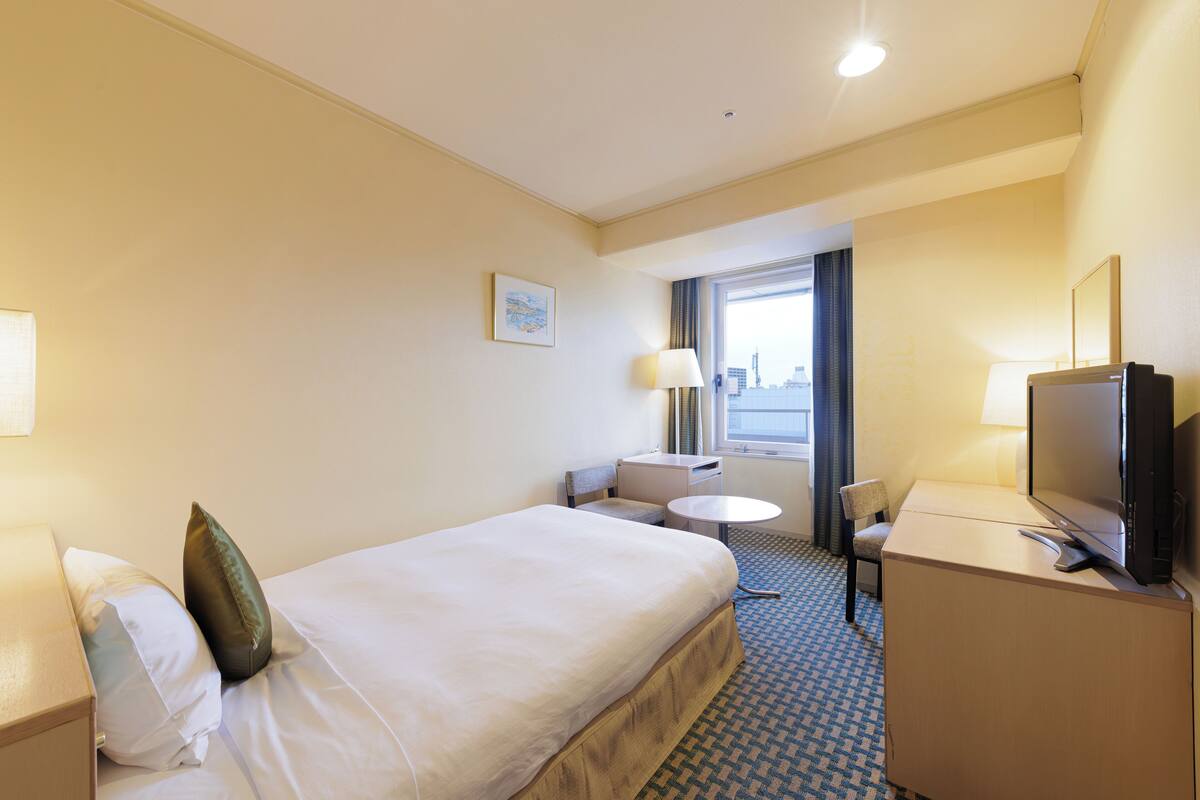 Una habitación de hotel con una cama, un escritorio con televisor, una silla, una mesita y una ventana con cortinas.