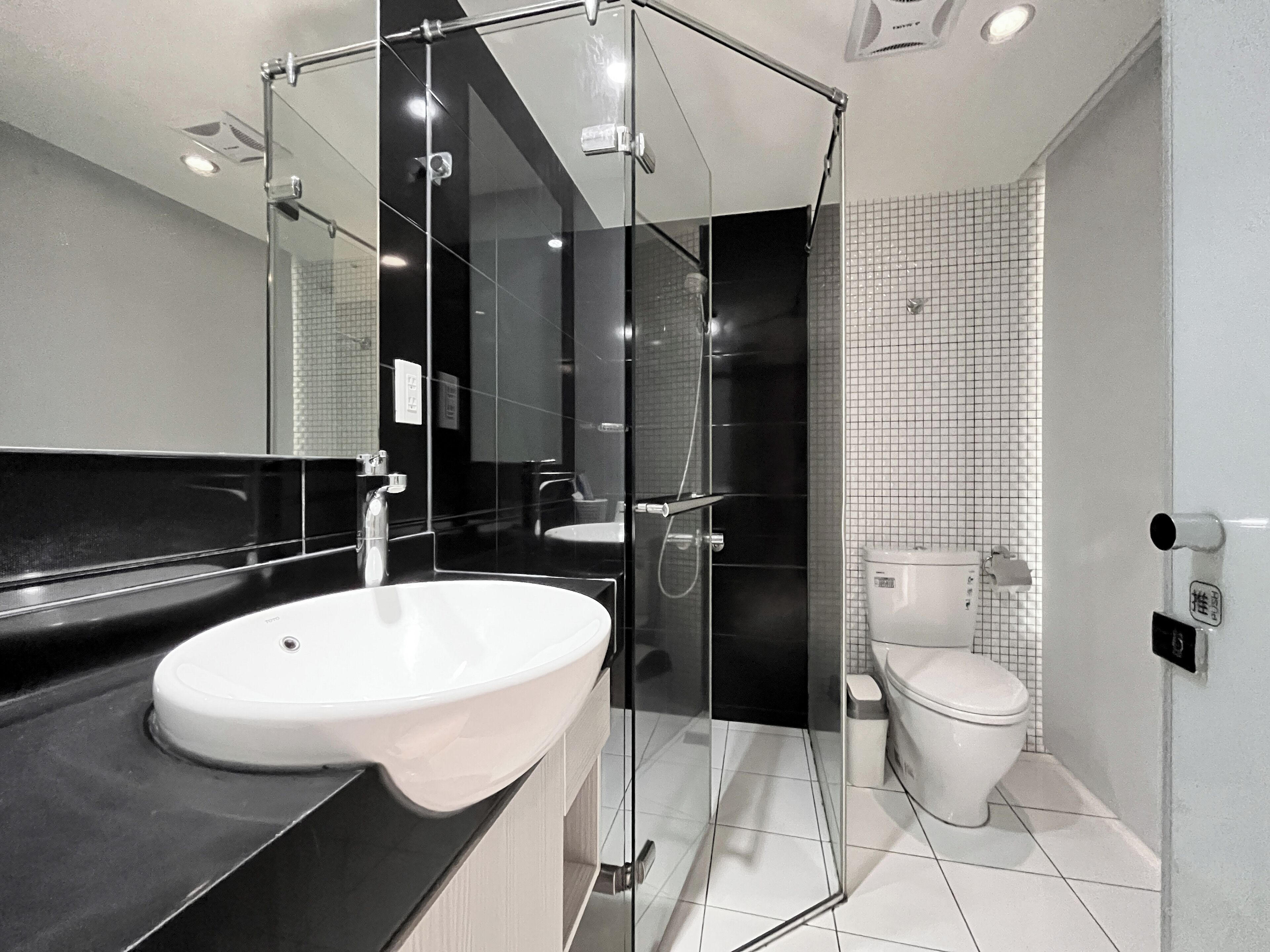superior double room | bathroom | shower, rainfall showerhead, hair dryer, towels