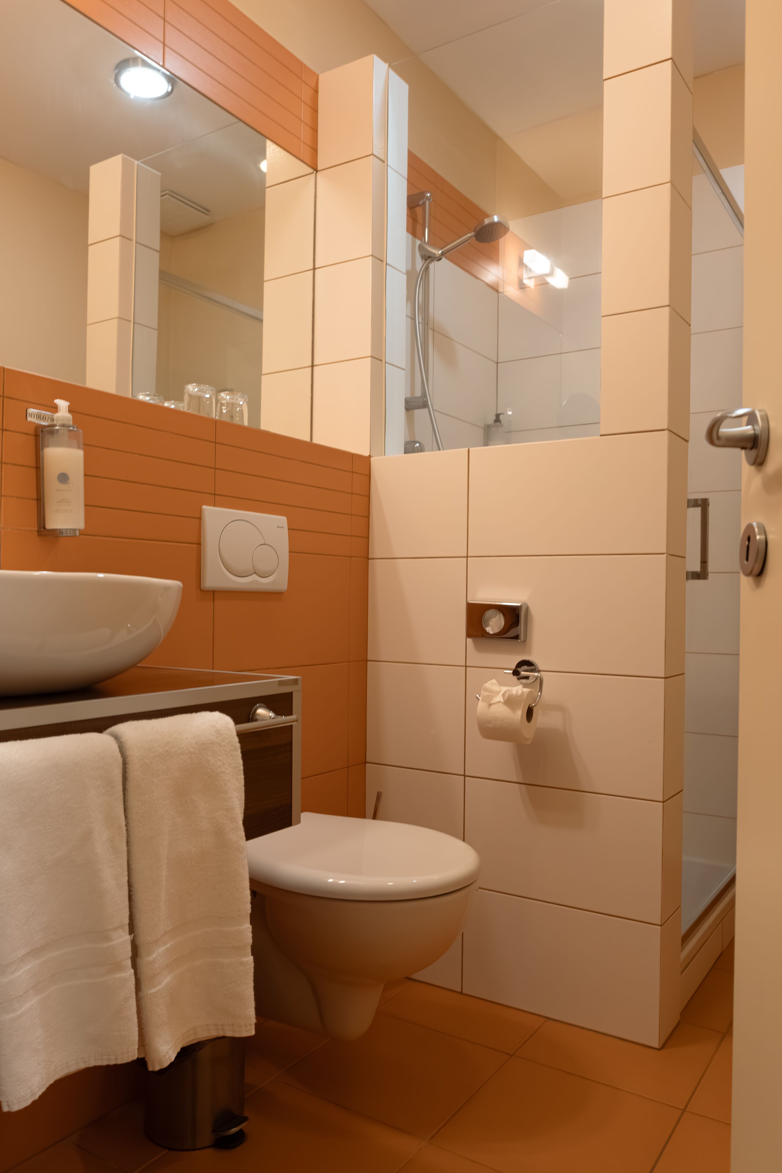 A bathroom with a sink, toilet, and shower.