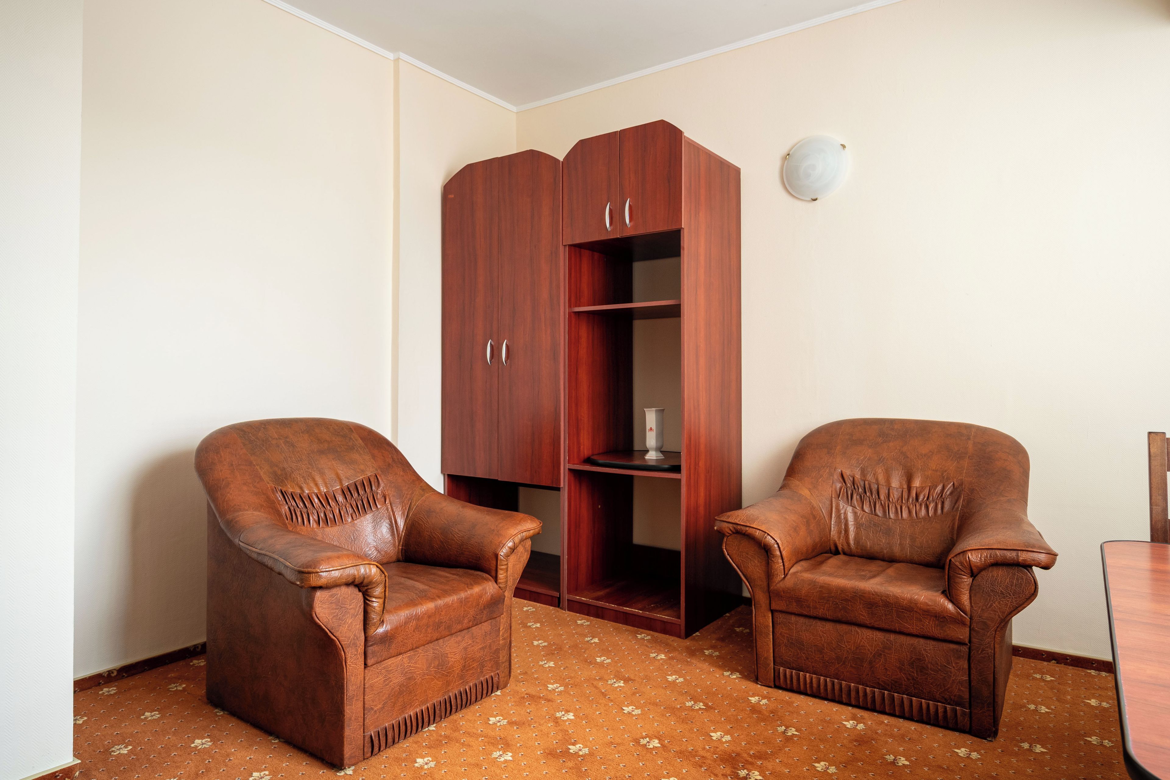 Una habitación con dos sillones de cuero, un aparador de madera y una alfombra estampada.
