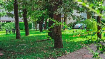 Un parque con árboles, césped y un camino pavimentado.
